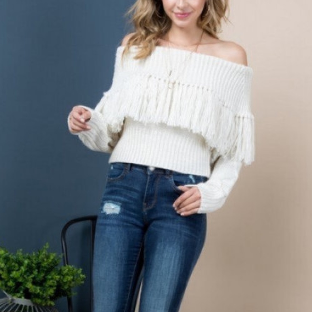 Off White Off Shoulder Fringe Boho Sweater - Picture 5 of 5